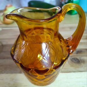 Vtg Fenton Amber Glass Diamond Optic Syrup Creamer Pitcher Ribbed Handle